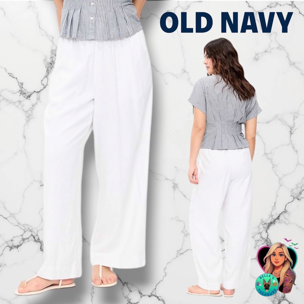 Old Navy Womens Medium White Linen Blend High Rise Wide Leg Elastic Waist Pants